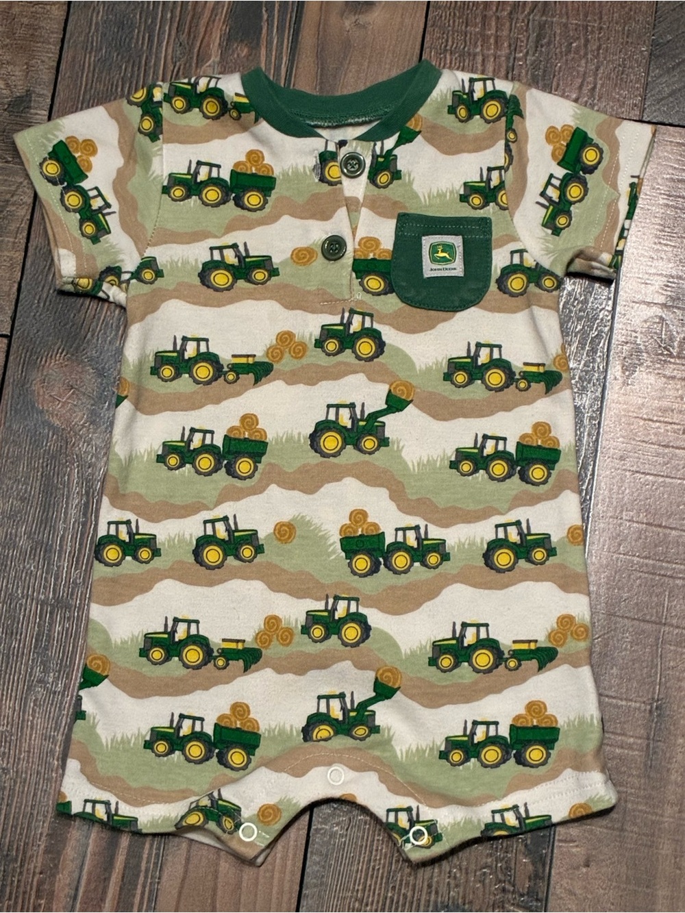 John Deere Green & Yellow Tractor Short Sleeve Henley Baby Romper